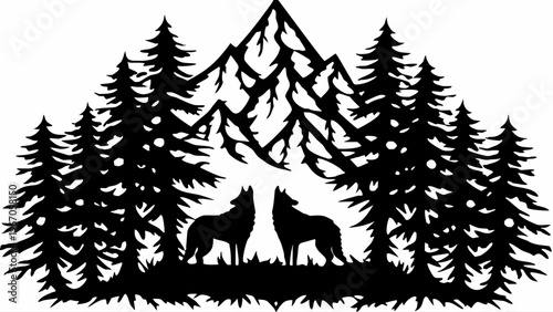 A black silhouette vector graphic of two wolves howling in front of a mountain range and pine trees