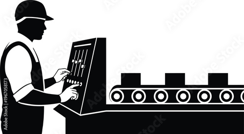 Factory worker operating industrial machinery production line and manufacturing process