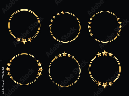 Golden stars frame border set round circle black background collection Stars shine with warm, polished texture. Ideal for luxury, celebration, or achievement themes