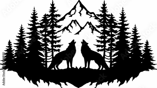 A black silhouette vector graphic of two wolves howling in a forest with mountains in the background