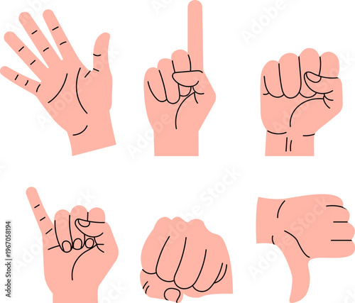 Hand Gesture Set Collection Human Hands Signs Open Palm Pointing Finger Fist Thumbs Down Minimal Flat Illustration