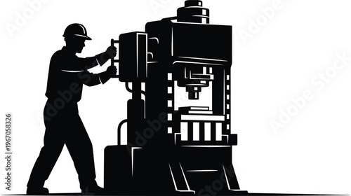 Dedicated factory worker operating industrial press machine manufacturing and labor