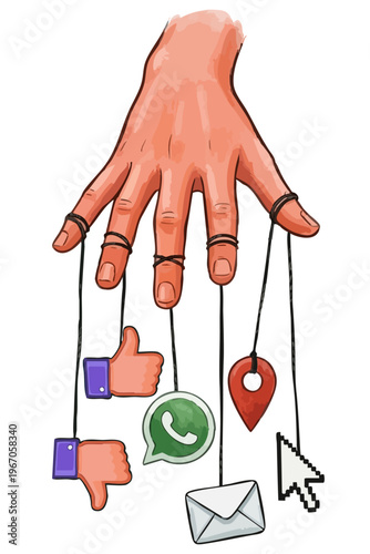 Hand manipulating social media icons like puppet on strings. Digital control concept showing hand with strings attached to likes, messages, location icon. Internet influence and social media addiction