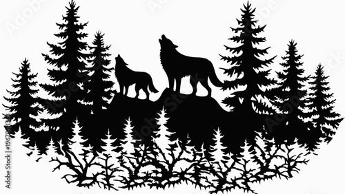 A black silhouette vector graphic of two wolves howling in a forest surrounded by pine trees