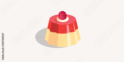 Sweet raspberry mousse cake with jelly layers and fresh fruit garnish, flat vector illustration.