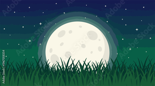Bright full moon in starry night sky with green grass illustration