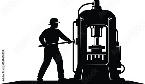 Industrial worker operating a large hydraulic press machine in a factory setting