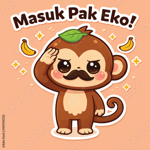 Kawaii Chibi Monkey Sticker Masuk Pak Eko Indonesian Meme Salute