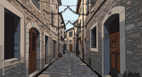 Narrow cobblestone street lined with stone buildings adorned with festive lights