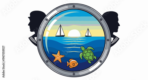 Nautical porthole view of sea life, sailboats, and sunset with sailor silhouettes