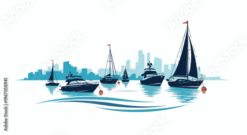 Nautical vessels glide on water with city skyline behind