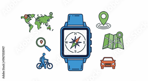 Navigation icons smartwatch, map, compass, car, bicycle, world map, pin