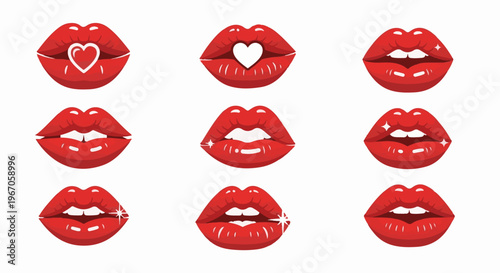 Nine graphic representations of red lips with various embellishments and heart shapes