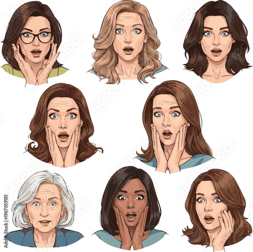 Isolated a realistic kinds of deferent surprised woman vector art with white background..
