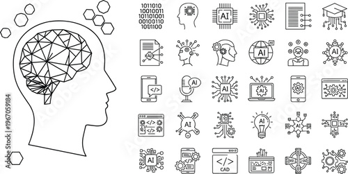 Artificial Intelligence Icon Set Featuring Neural Networks, Machine Learning Algorithms, Human Brain Digital Processing, Robotics, Data Science, Smart Computing, and Future Technology Line Art