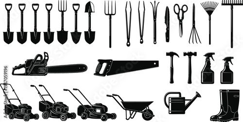 Comprehensive gardening and farming tools silhouette set including shovel rake shears chainsaw lawnmower hammer watering can boots isolated black equipment collection for landscaping agriculture use