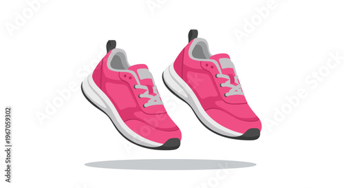 An illustration shows a pair of fuchsia pink athletic shoes with white soles and grey laces floating above a subtle shadow on a white background.