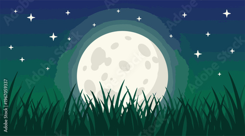 Bright full moon and twinkling stars in a serene night sky over grass field