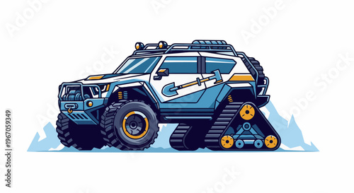 Off-road vehicle with tracks and shovel attachment, ready for adventure