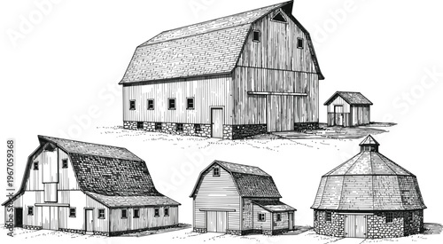 Collection of vintage barn illustrations with rustic wooden farm buildings, rural architecture set, countryside agriculture structures in black and white hand drawn line art style