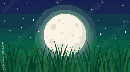 Night landscape with full moon, stars, and grass field illustration