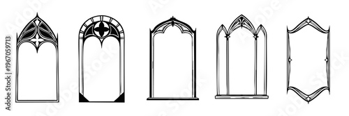 Hand drawn gothic style frames collection with decorative borders and ornamental shapes. Vintage outline vector set.	