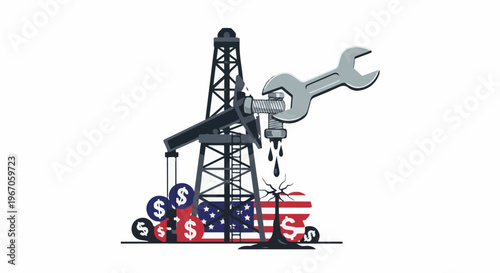 Oil pump jack with wrench tightening a bolt, spilling crude, American flag shaped spill