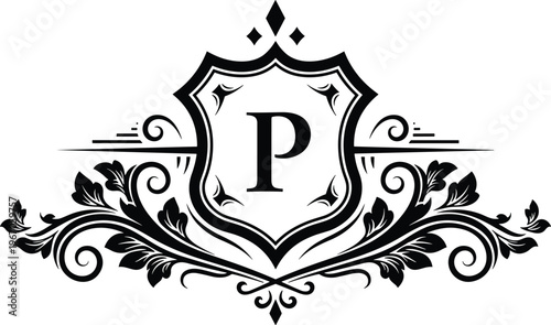 Obraz na płótnie Elegant vintage monogram letter P emblem with ornate floral frame, decorative sh