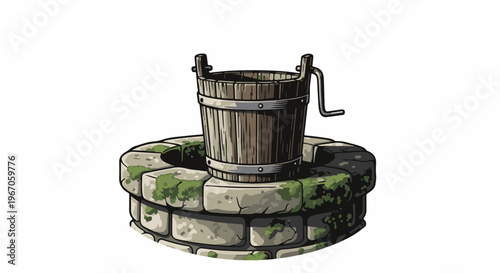 Old mossy stone well with a wooden bucket and crank
