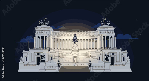 Monumental white building with equestrian statue against dark night sky