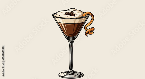 Martini glass with coffee liqueur topped with cream, coffee beans, and orange zest