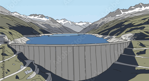 Massive concrete dam holding back a vast blue lake amidst rugged, snow-capped mountains