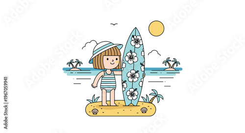 A cartoon girl wearing a striped swimsuit and a sun hat stands on a sandy island, holding a surfboard with hibiscus patterns, with a calm sea and palm trees in the background.