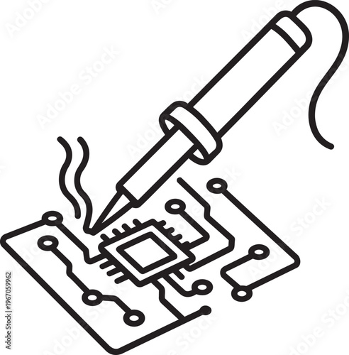 Soldering iron repairing a microchip on circuit board line icon representing electronic maintenance and hardware service