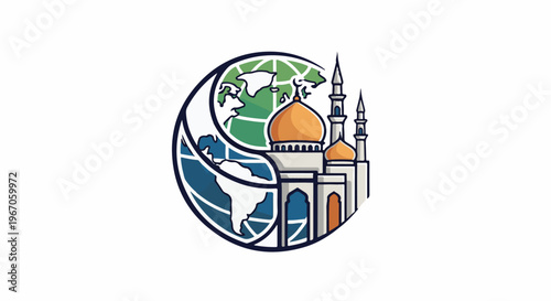Mosque with globe and cultural emblem