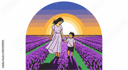 Mother and child walk hand in hand through a vibrant lavender field at sunset