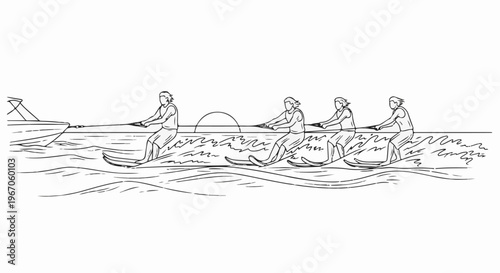 Motorboat tows multiple skiers across choppy water at sunset