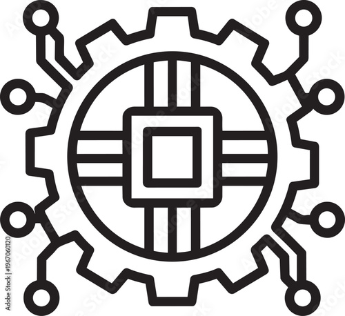 Gear wheel with integrated microchip processor line icon representing technical settings machine automation and hardware configuration
