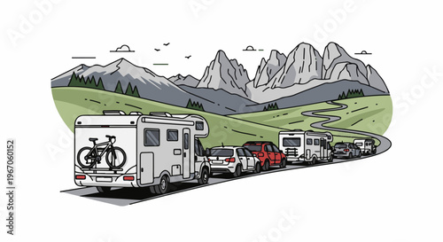 Motorhomes and cars on a winding mountain road, with scenic peaks