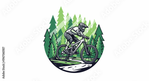 Mountain biker races downhill through a forested path