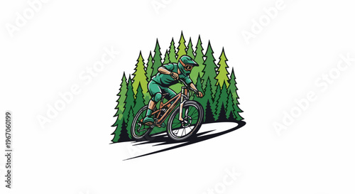 Mountain biker riding downhill amidst tall pine trees