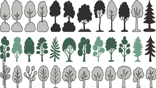 Stylized tree illustrations in black, gray, and green showing diverse canopy shapes, leaf density, trunk styles, and environmental design artwork