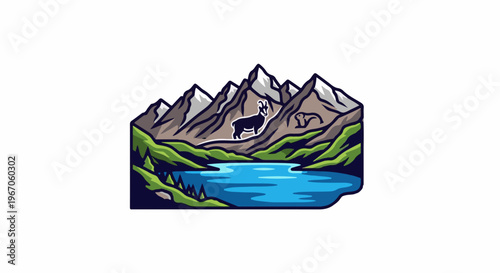 Mountain lake scene with chamois and marmot, stylized