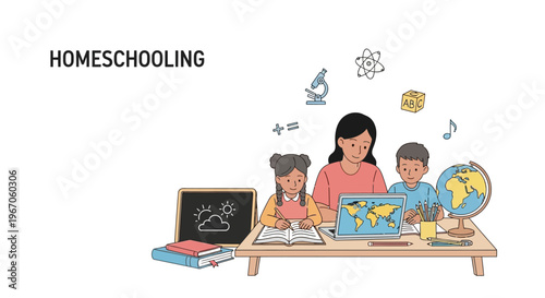 Homeschooling concept: Teacher guiding children in home learning with maps, books, and science icons.