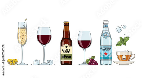 Assortment of Alcoholic and Non-Alcoholic Drinks: Wine, Beer, Champagne, Water, and Tea