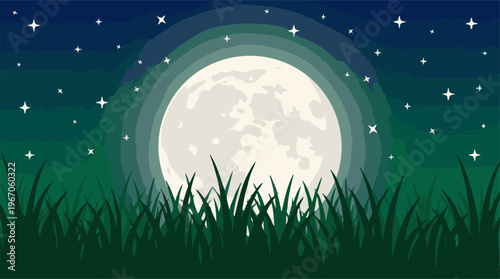 Serene night landscape with full moon, twinkling stars, and grassy field