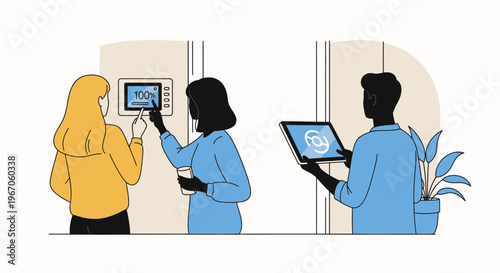 Diverse team using smart technology for office control and data access
