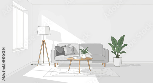 Modern minimalist living room with sofa, coffee table, lamp, plant, and natural light.