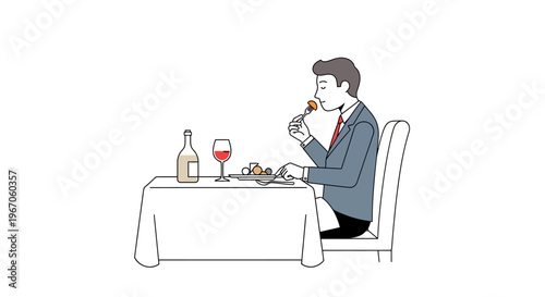 Man in Suit Eating Dinner at Restaurant Table with Wine