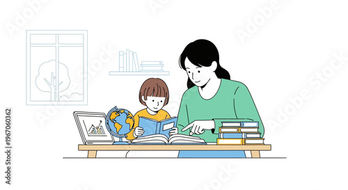 Mother and Child Reading Books Together, Learning, Education, Home Study, Globe, Laptop